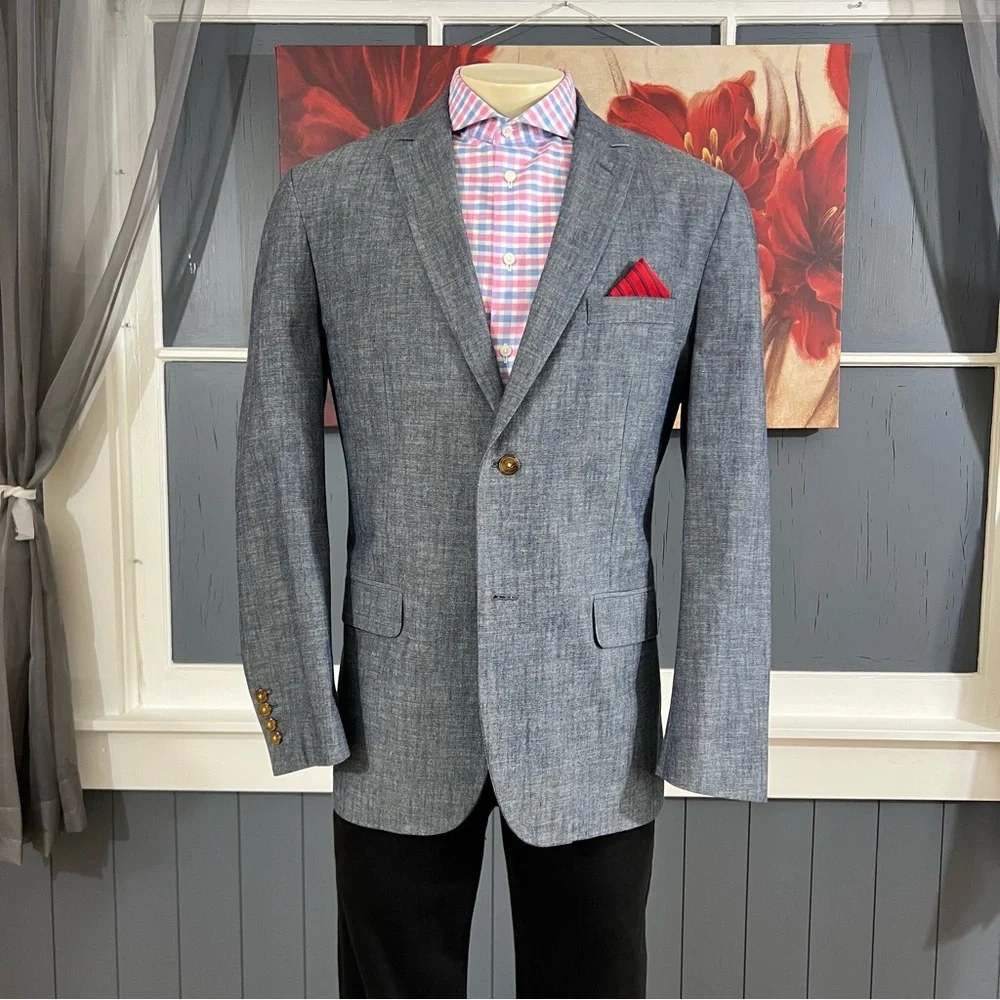 Tasso Elba Blazer Mens sz Large (42R-44R) Chambray Cotton Sport‎ Coat Jacket